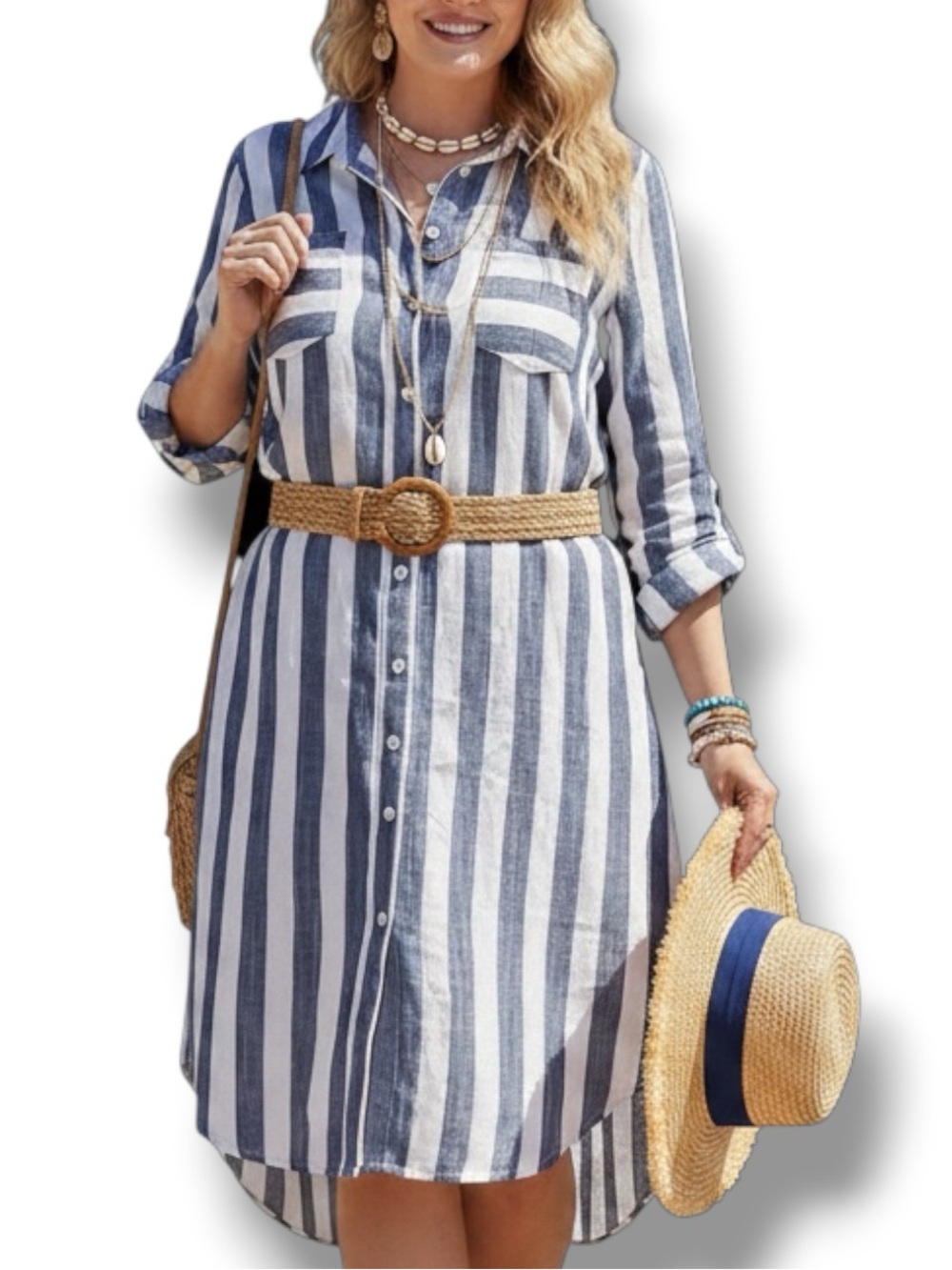 Hope & Harlow Navy Blue White Striped Linen Blend Button Down Shirt Dress 14P
